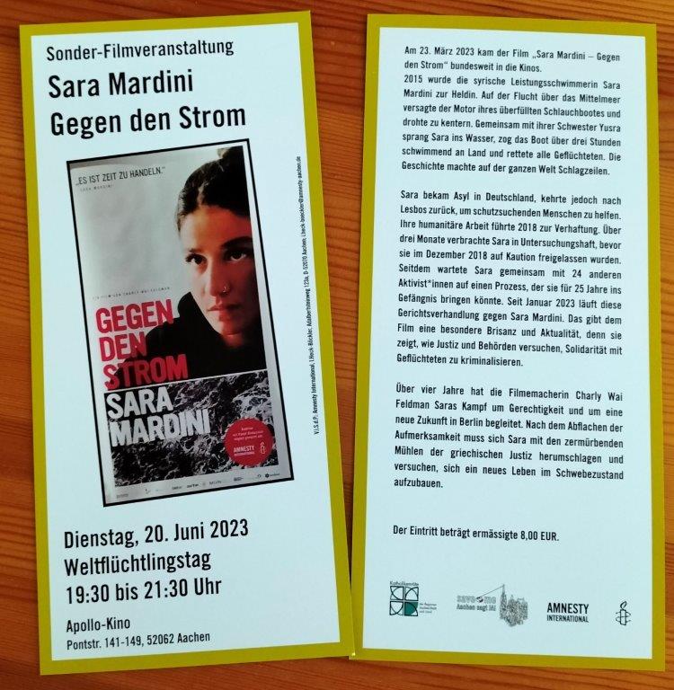 Flyer zur Filmveranstaltung "Sara Mardini - Gegen den Strom" im Apollo-Kino