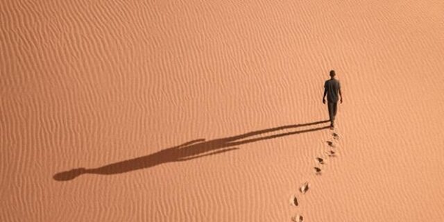 Eine Person läuft durch rötlichen, gewellten Wüstensand. Sie hinterläßt Spuren und wirft einen langen Schatten.