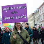 A demonstrator holds a sign during the XXI Warsaws Manifa on March 8, 2020 in Warsaw, Poland. Manifa is an annual demonstration organized by the 8th of March Women Deal, an informal and independent group which demands legal and safe abortion and fights for women's rights. (Photo by Aleksander Kalka/NurPhoto via Getty Images)